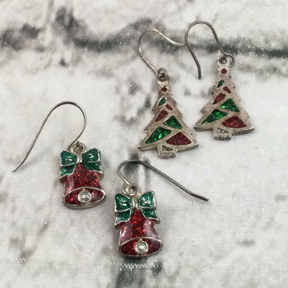 Vintage Christmas Earrings Lot Of 2 Pairs Drop Dangle Tree & Bells